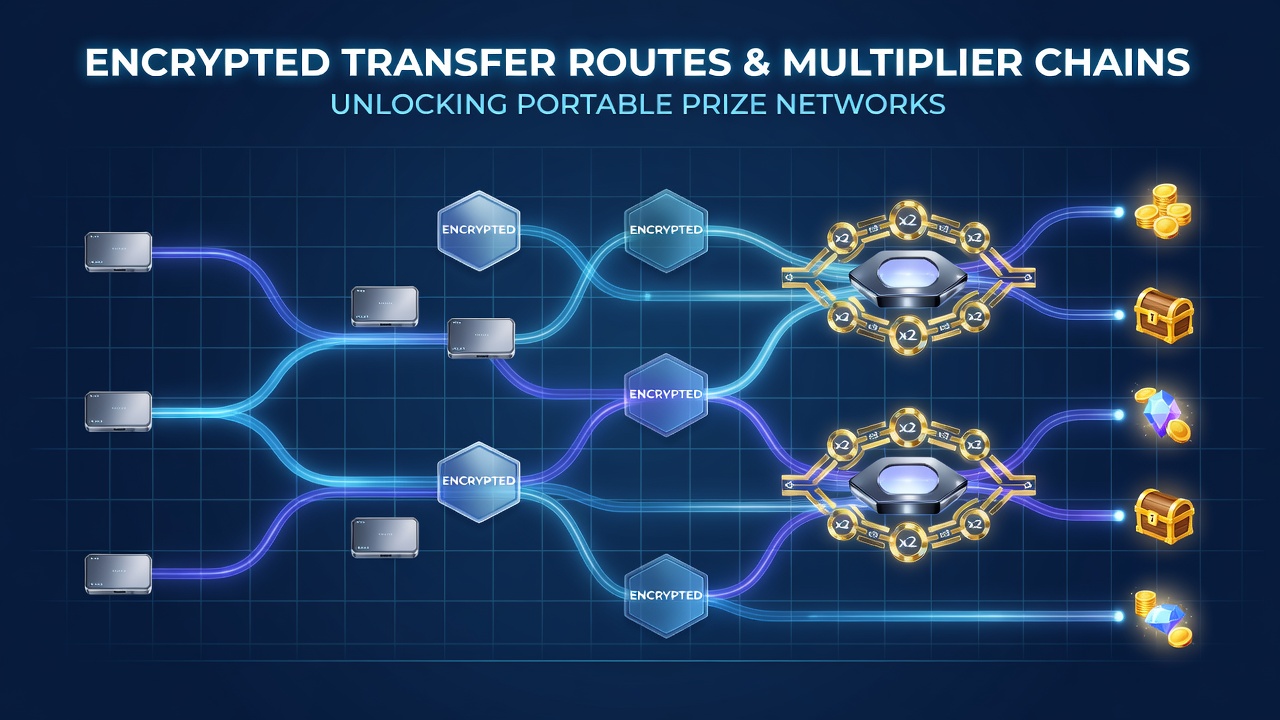 Illustration showing encrypted data pathways connecting mobile devices to prize network servers with multiplier indicators