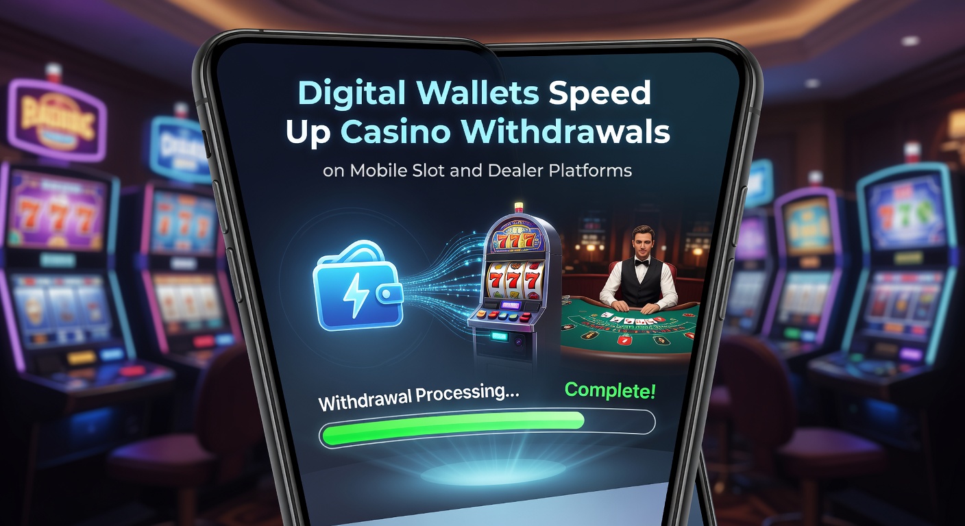 Illustration of a digital wallet app on a phone connected to casino icons, showing speed lines for rapid withdrawals from slot reels and live dealer tables
