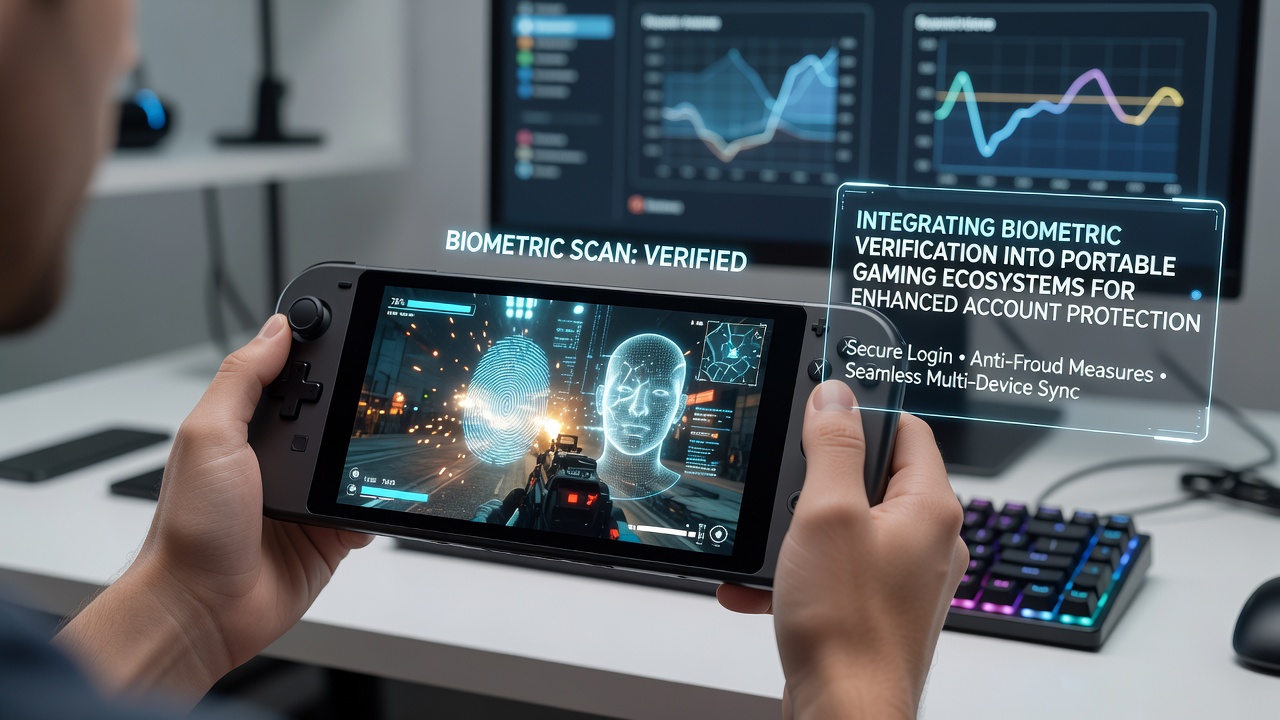 Developer reviewing biometric security metrics on a portable gaming analytics dashboard