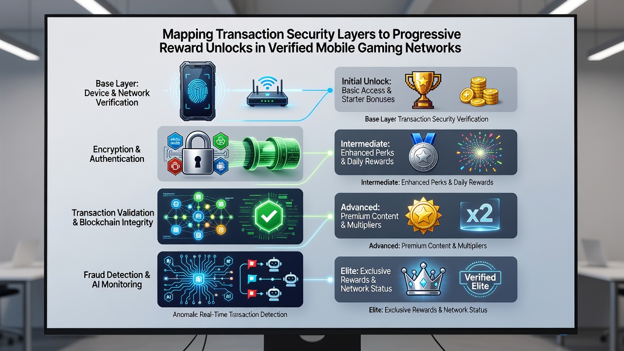 Flowchart illustrating security layer progression alongside mobile gaming reward unlocks