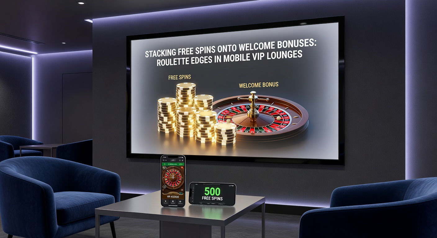 Mobile casino interface showing stacked free spins on a welcome bonus offer alongside a roulette wheel in a VIP lounge setting