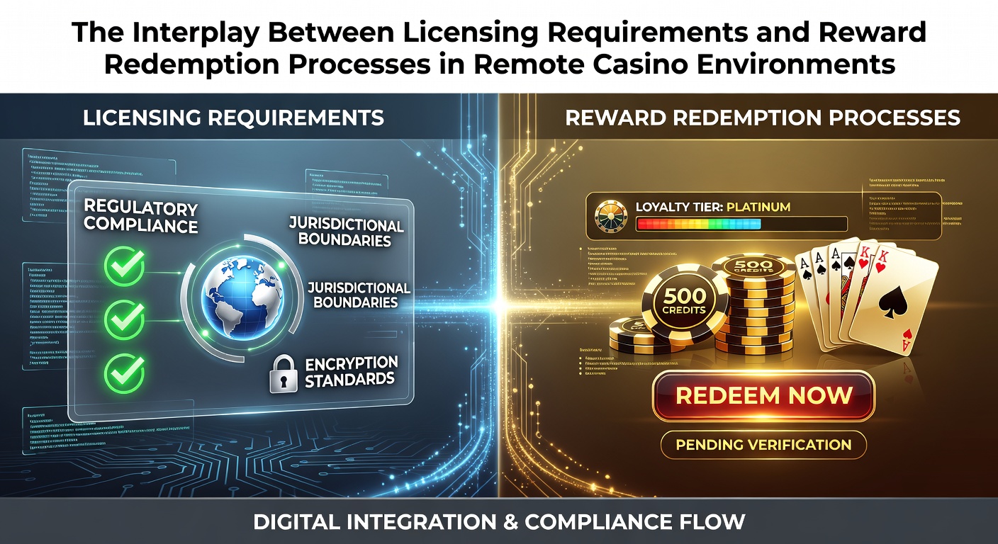 Remote casino interface showing licensing verification and reward redemption dashboard on a mobile screen