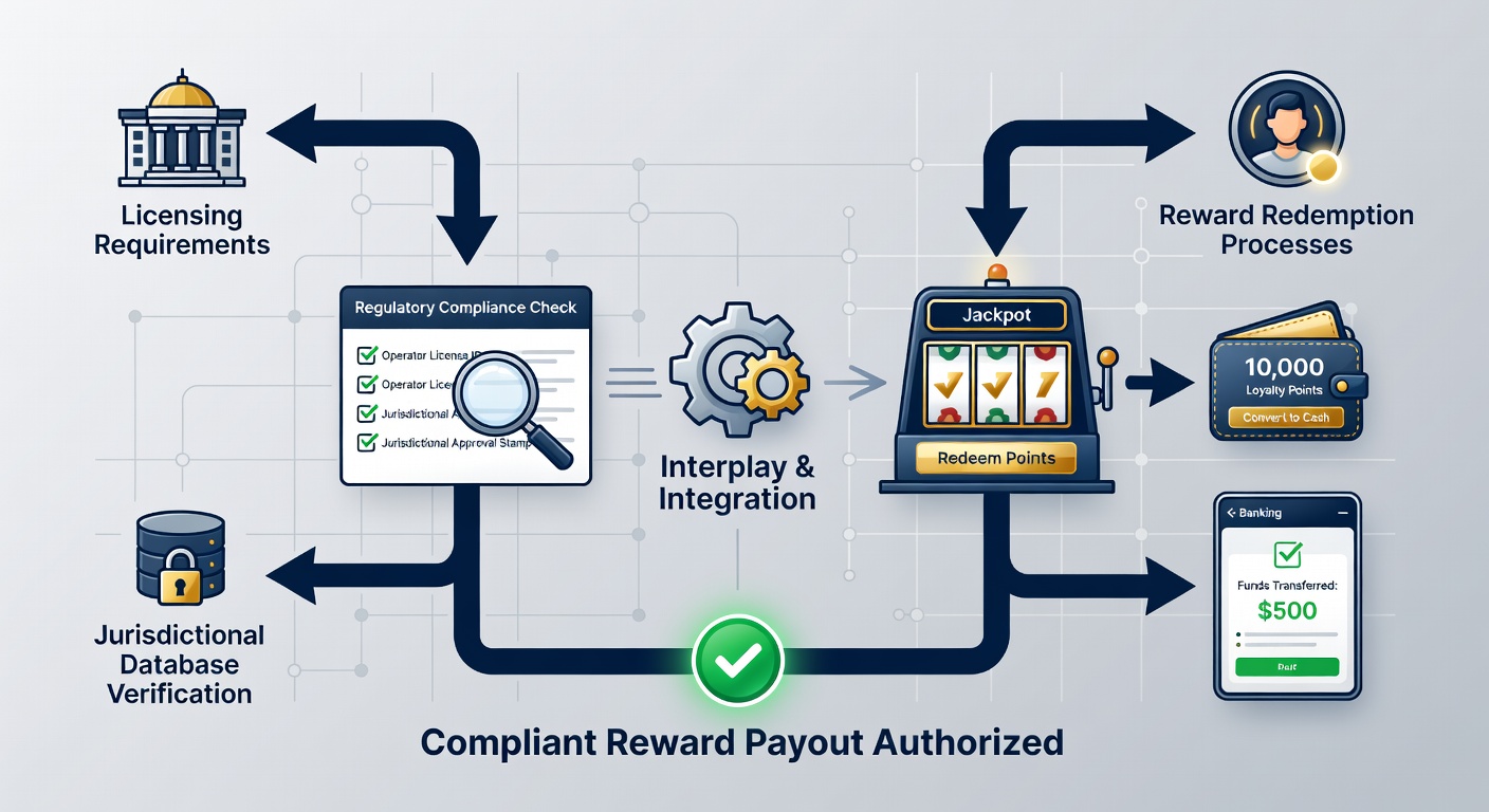 Flowchart illustrating licensing compliance checkpoints connected to reward redemption workflow in online casinos