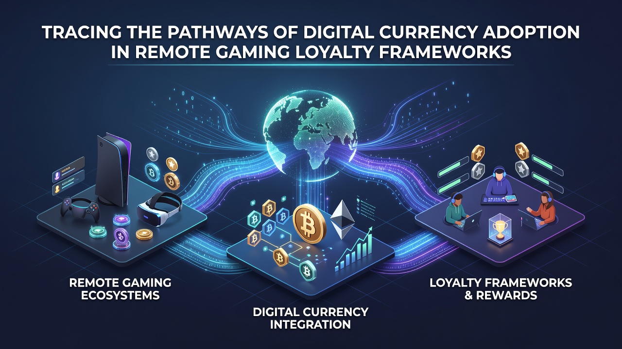 Blockchain network visualization showing digital currency flows through remote gaming loyalty systems with interconnected nodes and reward pathways